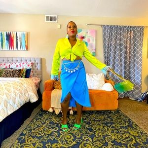 Lime green satin tie front top w/ turquoise colored ostrich feather trim